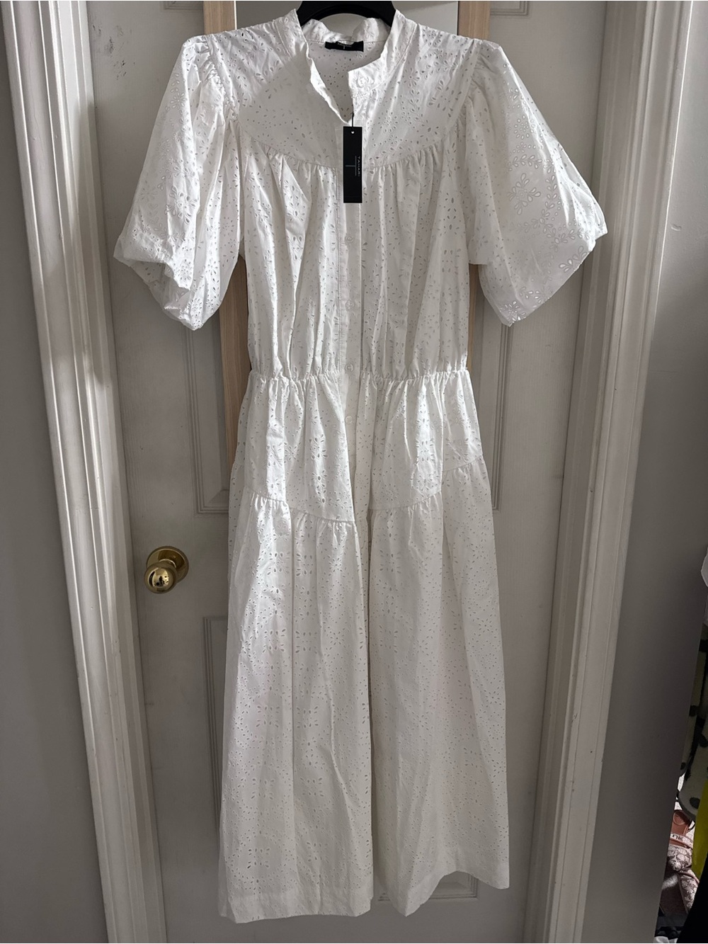 Tahari White Eyelet Maxi Dress with Puff Sleeves